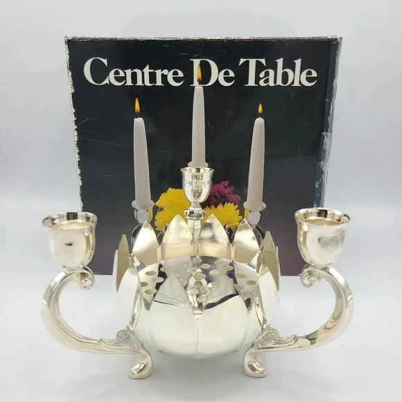 Leonard Vintage Silverplated Lotus 3 Candle Holder Decorative Centerpiece NIB - Picture 1 of 16